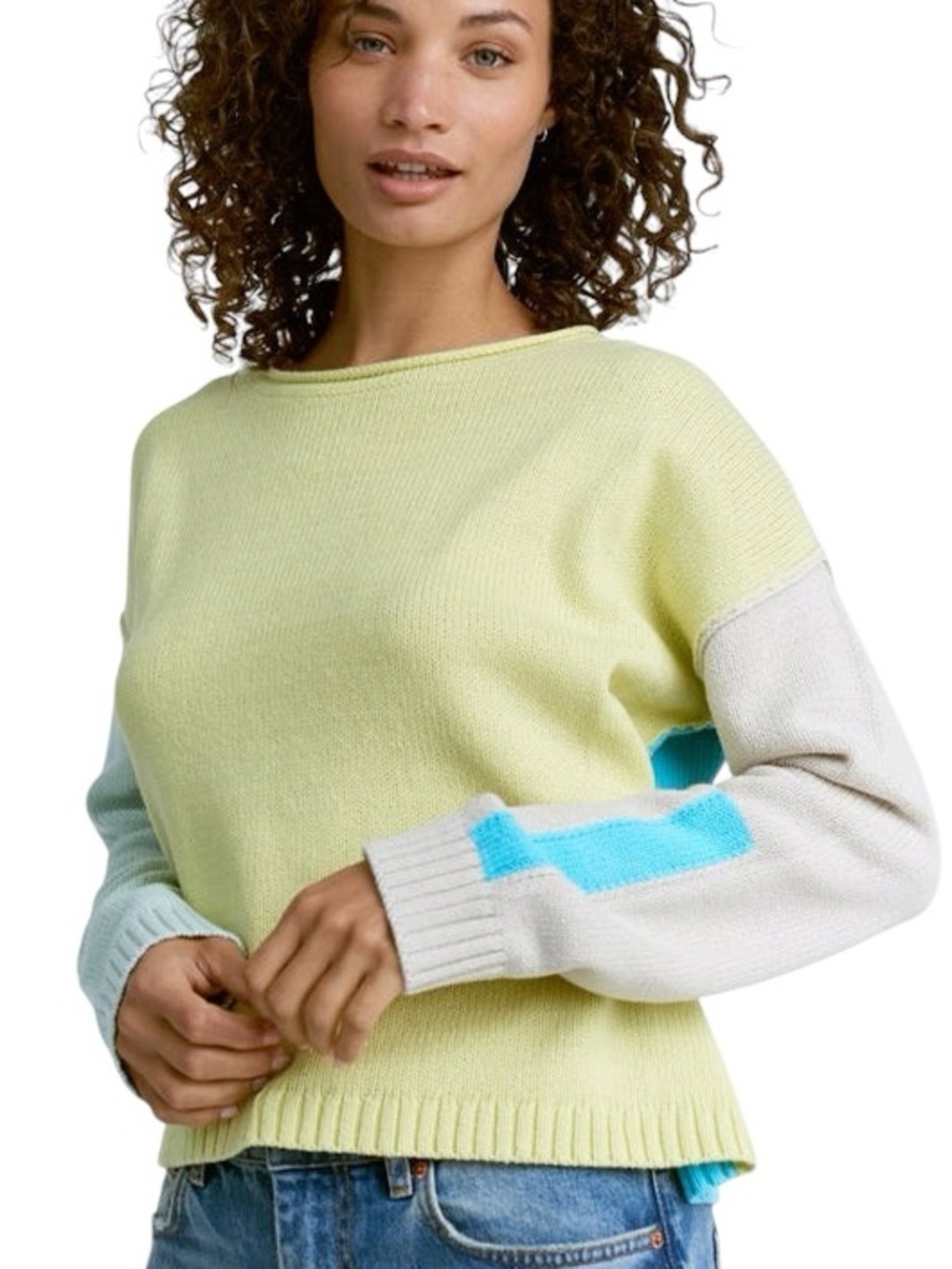 Lisa Todd Color Crush Yellow Aqua Blue Colorblock Knit Sweater - L